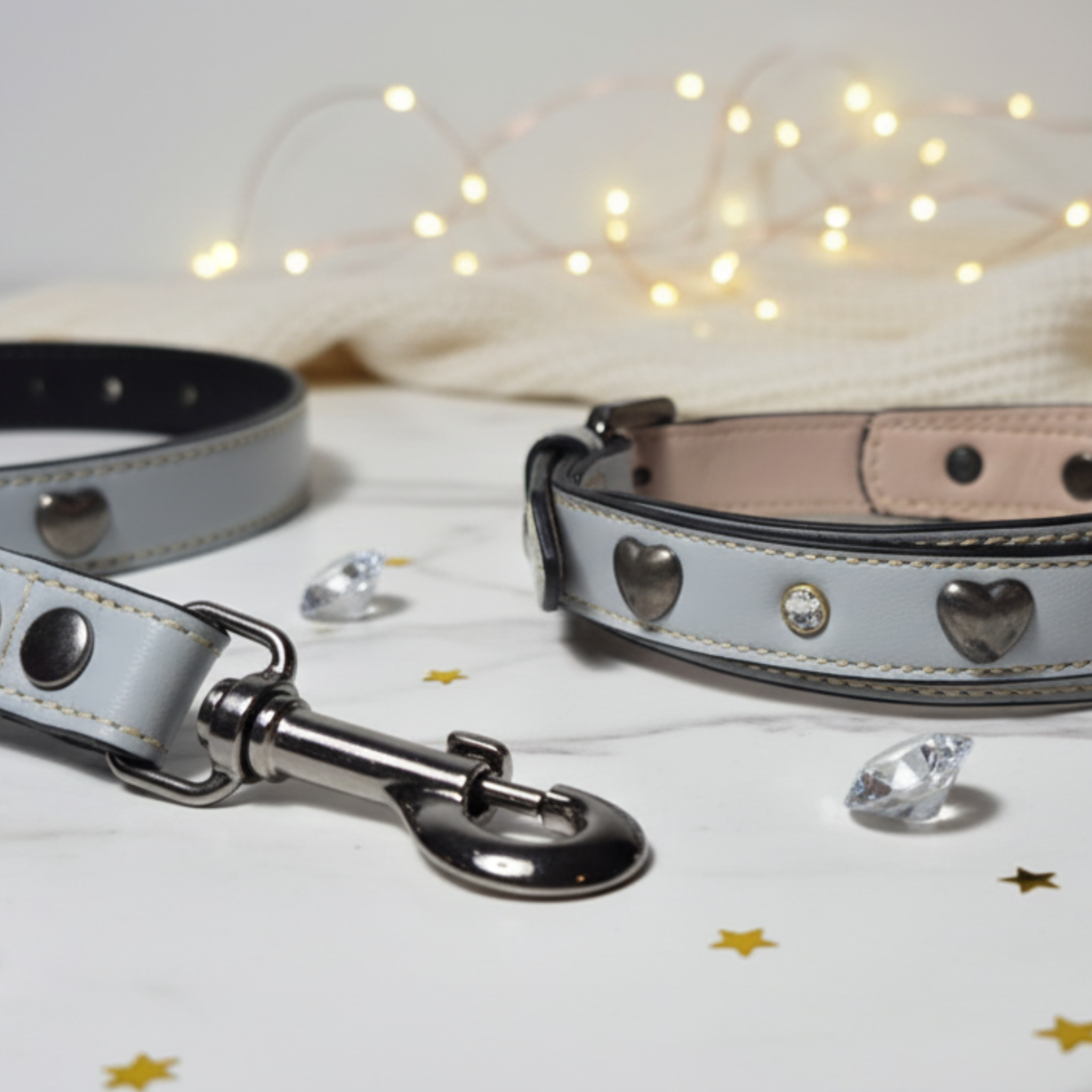Set Collare con Cristalli e Guinzaglio in Pelle per Cani